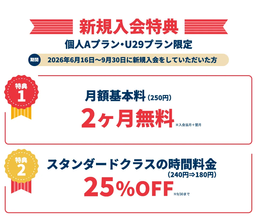 【新規入会特典】個人Aプラン・U29プラン限定（期間：2026年6月16日～9月30日に新規入会をしていただいた方）「特典1」月額基本料（250円）2ヶ月無料。「特典2」スタンダードクラスの時間料金25%OFF（240円⇒180円）